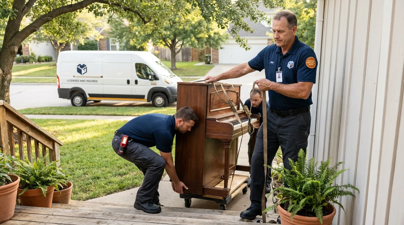Licensed piano movers securing grand piano in Sheridan, IN