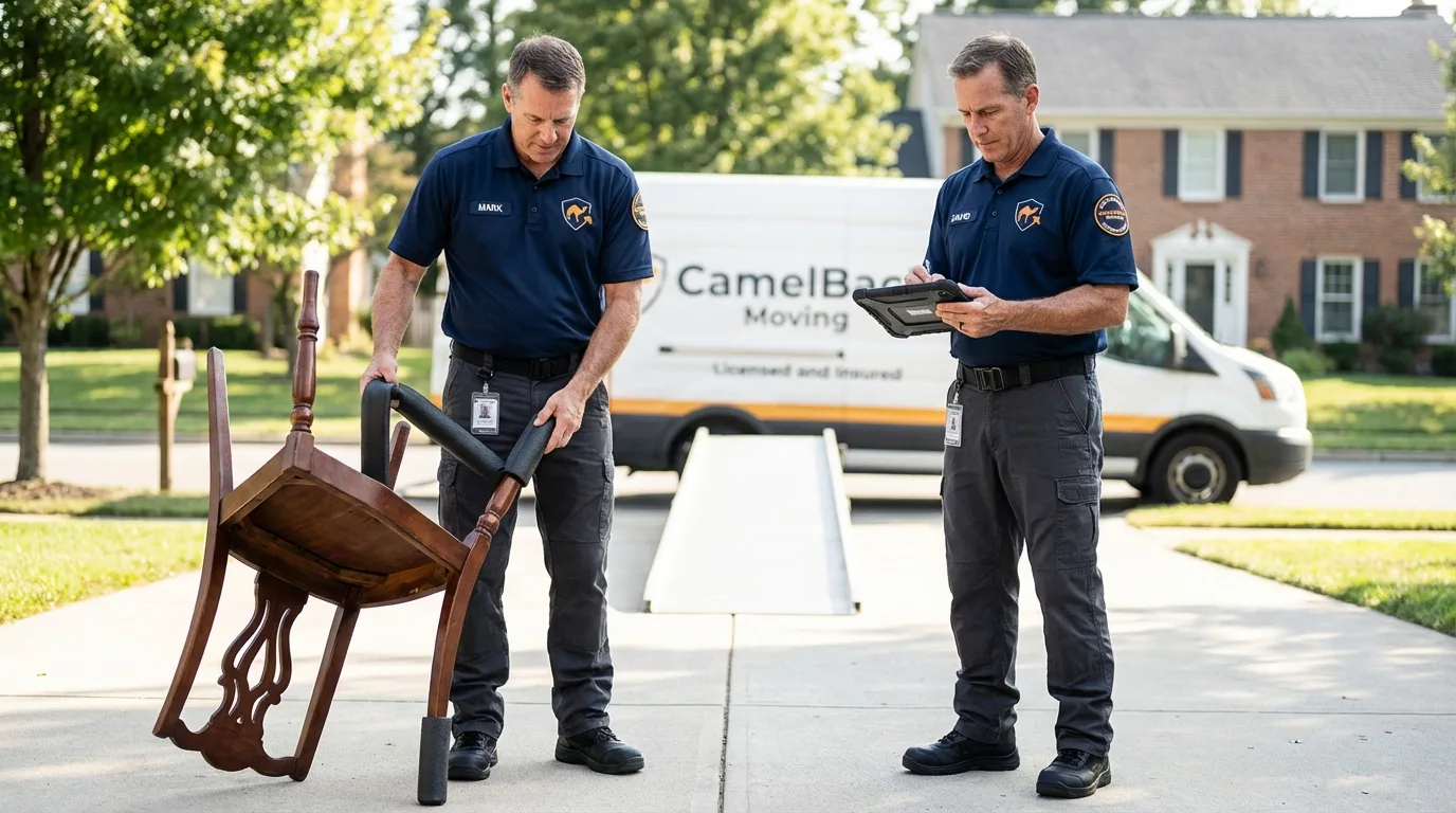 Movers inspecting furniture for damage prevention before loading in Sheridan, IN